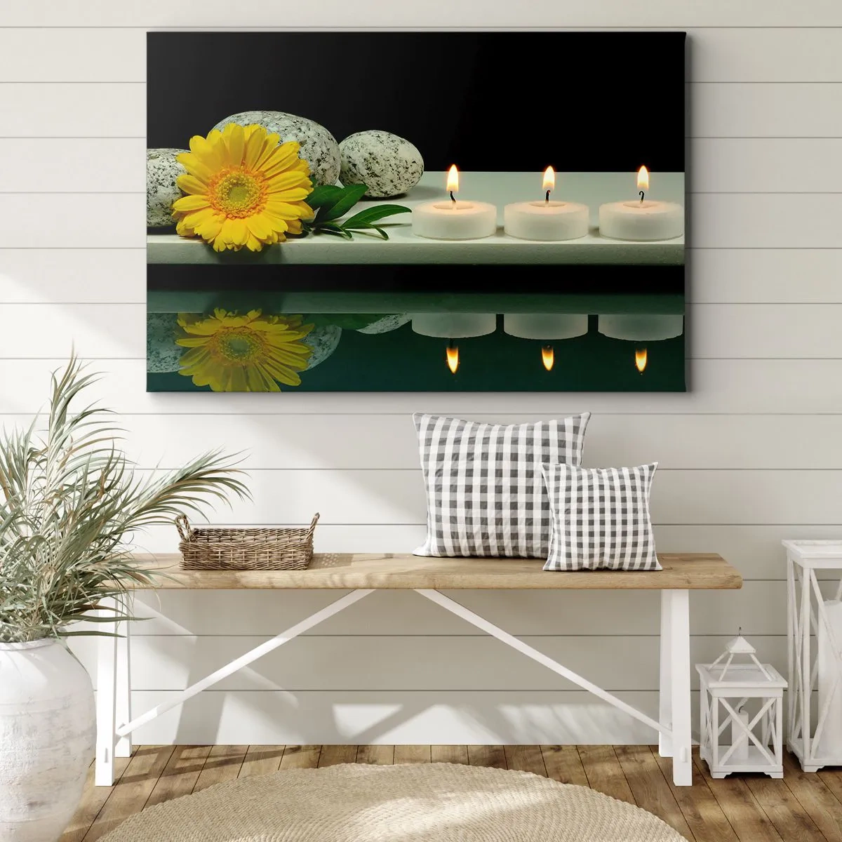 Quadro su tela - Stampe su Tela - Fiore giallo, candele e pietre sullo sfondo dell'acqua - 120x80cm - Il sollievo dei sensi - Decorazione murale moderna per soggiorno e camera da letto ARTTOR