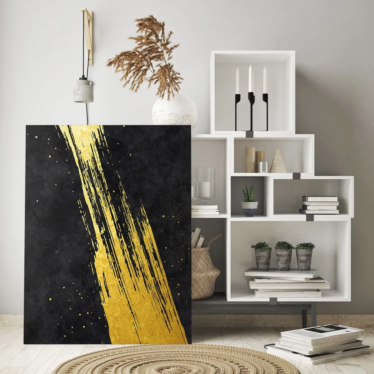 Quadro su vetro - Sfondo nero con pennellate dorate dinamiche - 70x100cm - Salto nell'iperspazio - Decorazione murale moderna per soggiorno e camera da letto ARTTOR