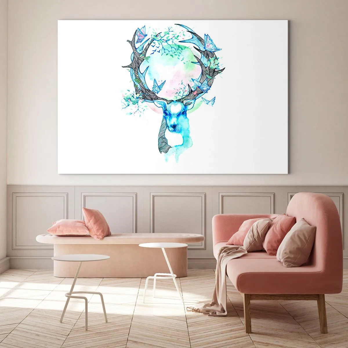 Quadro su vetro - Illustrazione di un cervo con farfalle sulle sue corna - 100x70cm - La forza e la delicatezza della natura - Decorazione murale moderna per soggiorno e camera da letto ARTTOR