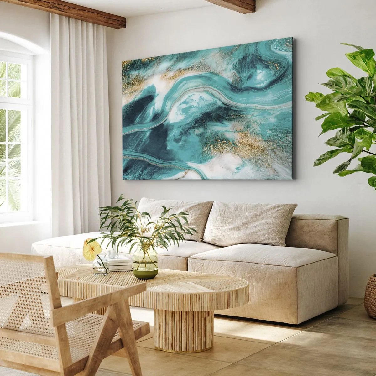 Quadro su tela - Stampe su Tela - Astrazione turchese con accenti bianchi e dorati - 120x80cm - Il fiume d'oro - Decorazione murale moderna per soggiorno e camera da letto ARTTOR