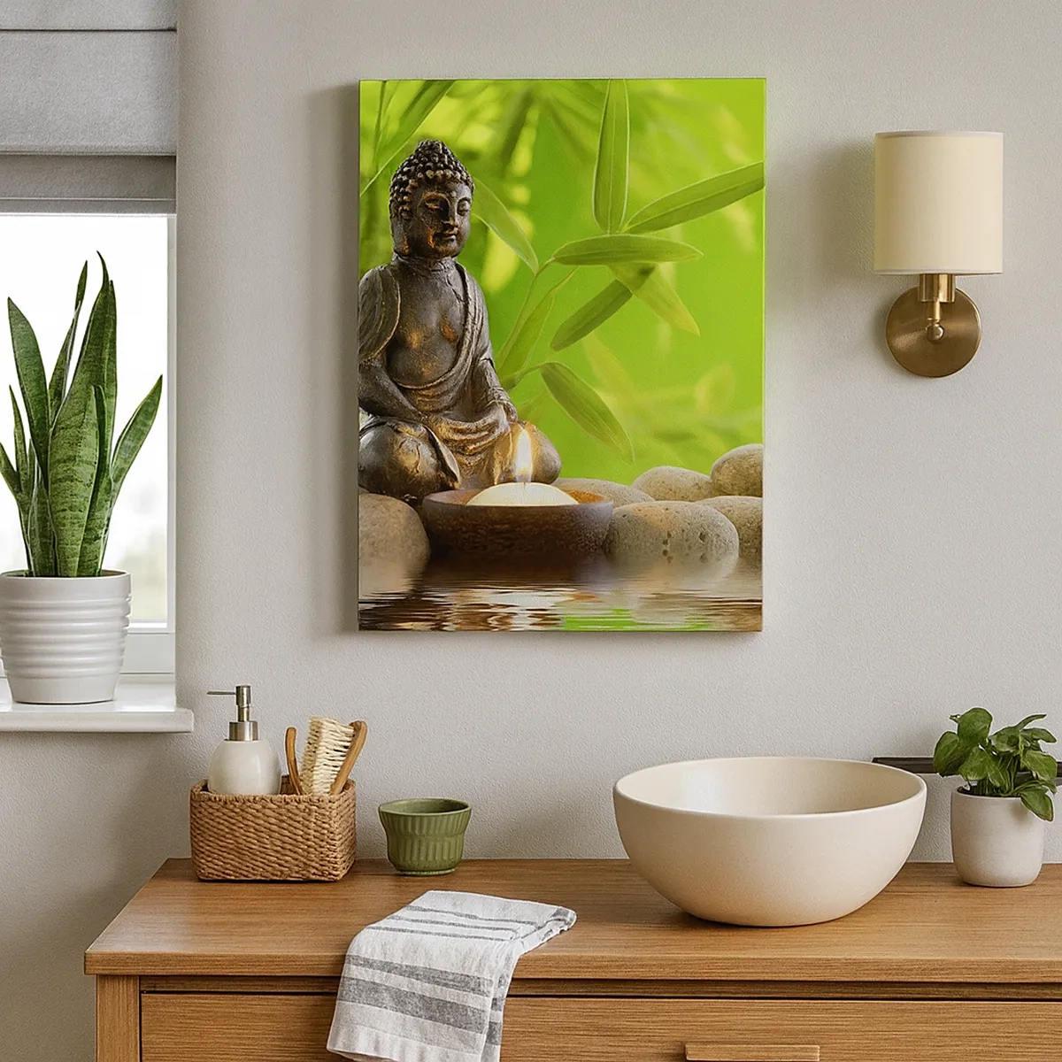 Quadro su tela - Stampe su Tela - Figura di Buddha con pietre e una candela su uno sfondo di bambù - 50x70cm - La vita è bella - Decorazione murale moderna per soggiorno e camera da letto ARTTOR