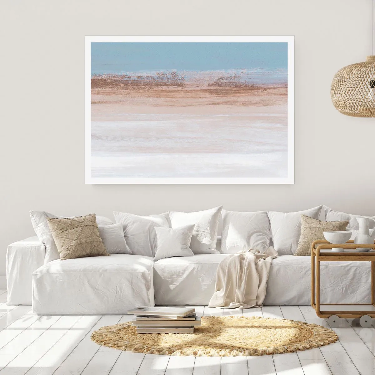 Poster - Un paesaggio delicato nei toni pastello del blu e del beige - 100x70cm - Paesaggio incerto - Decorazione murale moderna per soggiorno e camera da letto ARTTOR