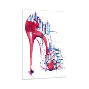 Quadro su vetro - Tacco a spillo rosso astratto con dettagli urbani - 80x120cm - Elegante nella grande città - Decorazione murale moderna per soggiorno e camera da letto ARTTOR