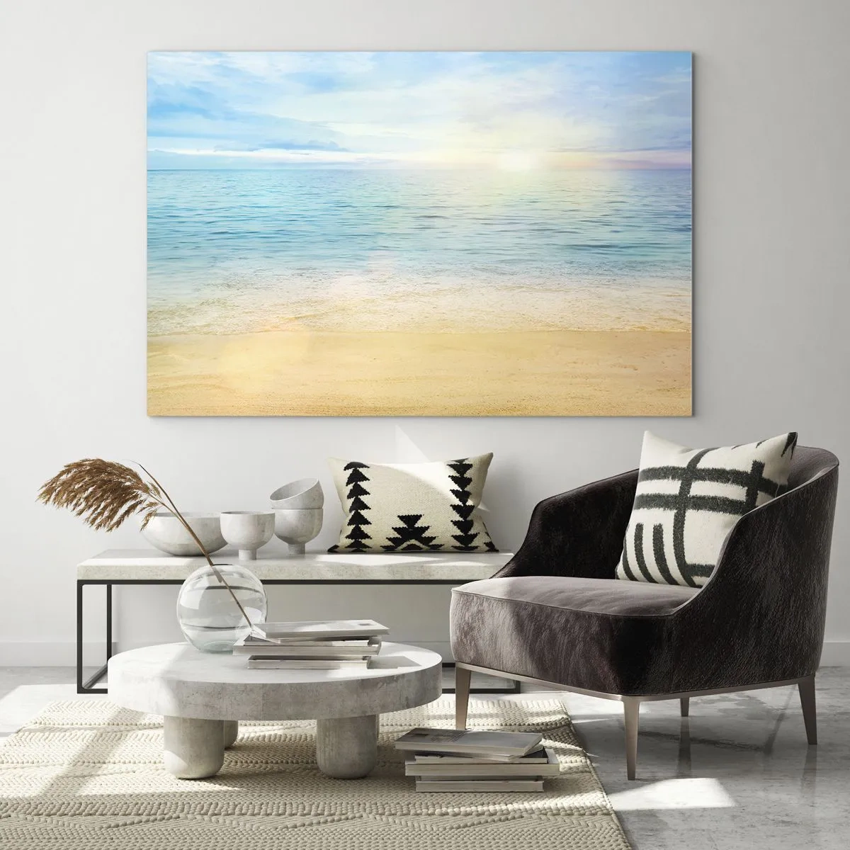 Quadro su vetro - Una spiaggia soleggiata con mare e cielo azzurri - 120x80cm - Il grande blu - Decorazione murale moderna per soggiorno e camera da letto ARTTOR
