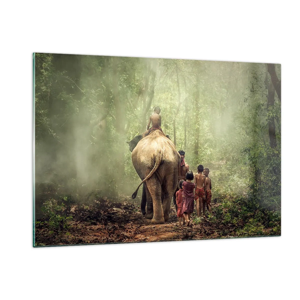 Quadro su vetro - Un elefante nella foresta con bambini in costumi tradizionali - 120x80cm - Il nuovo Libro della Giungla - Decorazione murale moderna per soggiorno e camera da letto ARTTOR