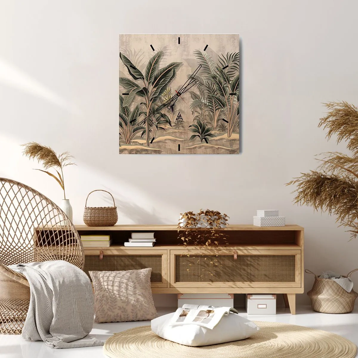 Orologio da parete - Orologio in Vetro - Palme e vegetazione tropicale nei toni del verde su sfondo beige - 30x30cm - Incisione in stile coloniale - Decorazione murale moderna per soggiorno e camera da letto ARTTOR