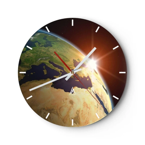 Orologio da parete - Orologio in Vetro - Vista della Terra dallo spazio con i raggi del sole all'orizzonte - 30x30cm - Il sorgere del sole - Decorazione murale moderna per soggiorno, cucina e camera da letto ARTTOR