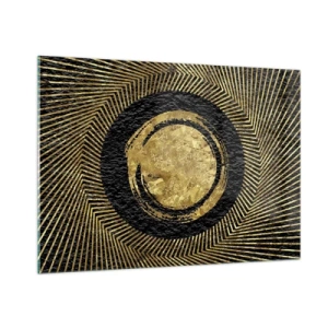 Quadro su vetro - Cerchio dorato con raggi su sfondo nero in stile glamour - 100x70cm - Composizione glamour - Decorazione murale moderna per soggiorno e camera da letto ARTTOR