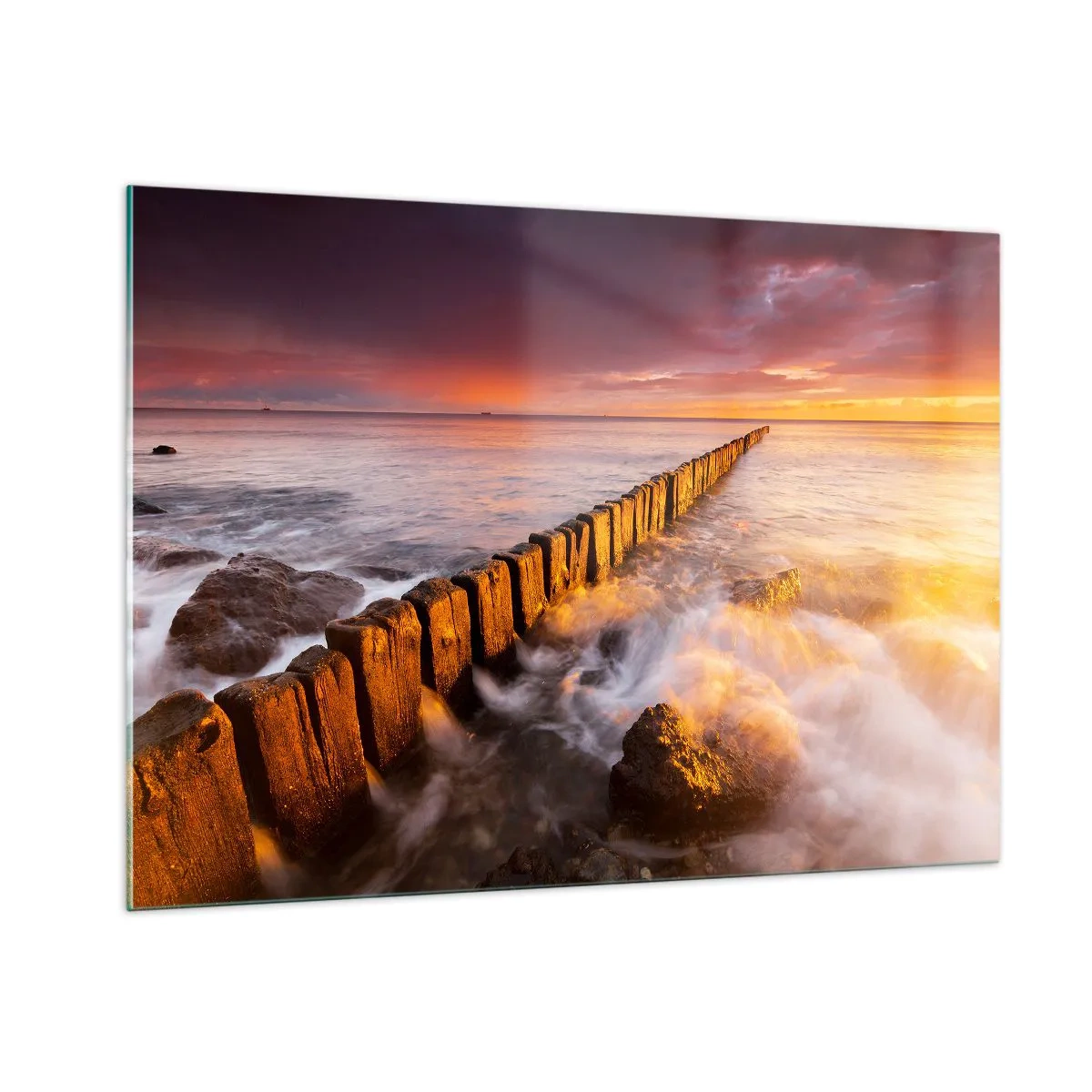 Quadro su vetro - Tramonto sul mare con frangiflutti in legno - 100x70cm - La mitezza delle onde - Decorazione murale moderna per soggiorno e camera da letto ARTTOR