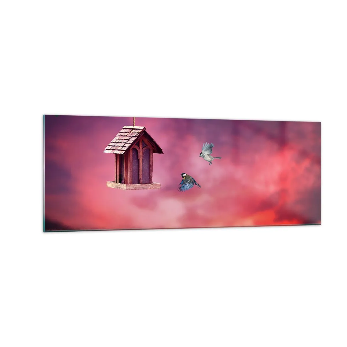 Quadro su vetro - Un paesaggio pittoresco con una casetta per gli uccelli e un tramonto - 140x50cm - Invito a cena - Decorazione murale moderna per soggiorno e camera da letto ARTTOR