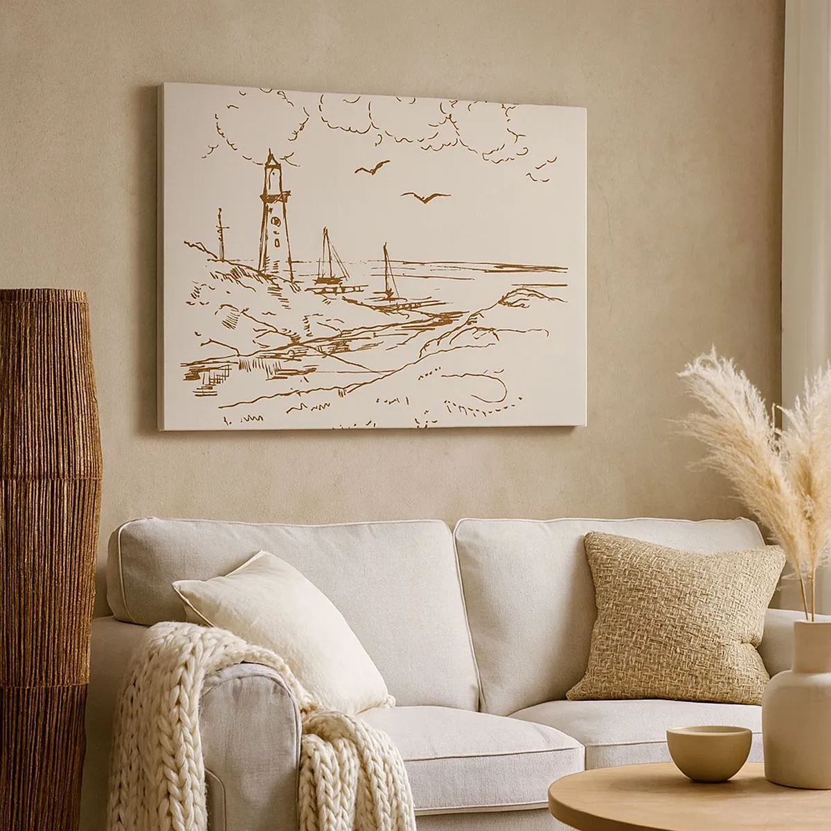 Quadro su tela - Stampe su Tela - Schizzo di un faro che domina il mare - 70x50cm - Schizzo dei ricordi d'estate - Decorazione murale moderna per soggiorno e camera da letto ARTTOR