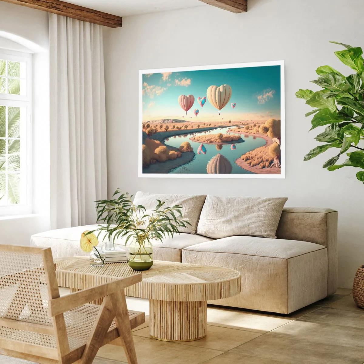 Poster - Palloncini a forma di cuore che fluttuano sopra il paesaggio - 100x70cm - L'amore permette di volare - Decorazione murale moderna per soggiorno e camera da letto ARTTOR