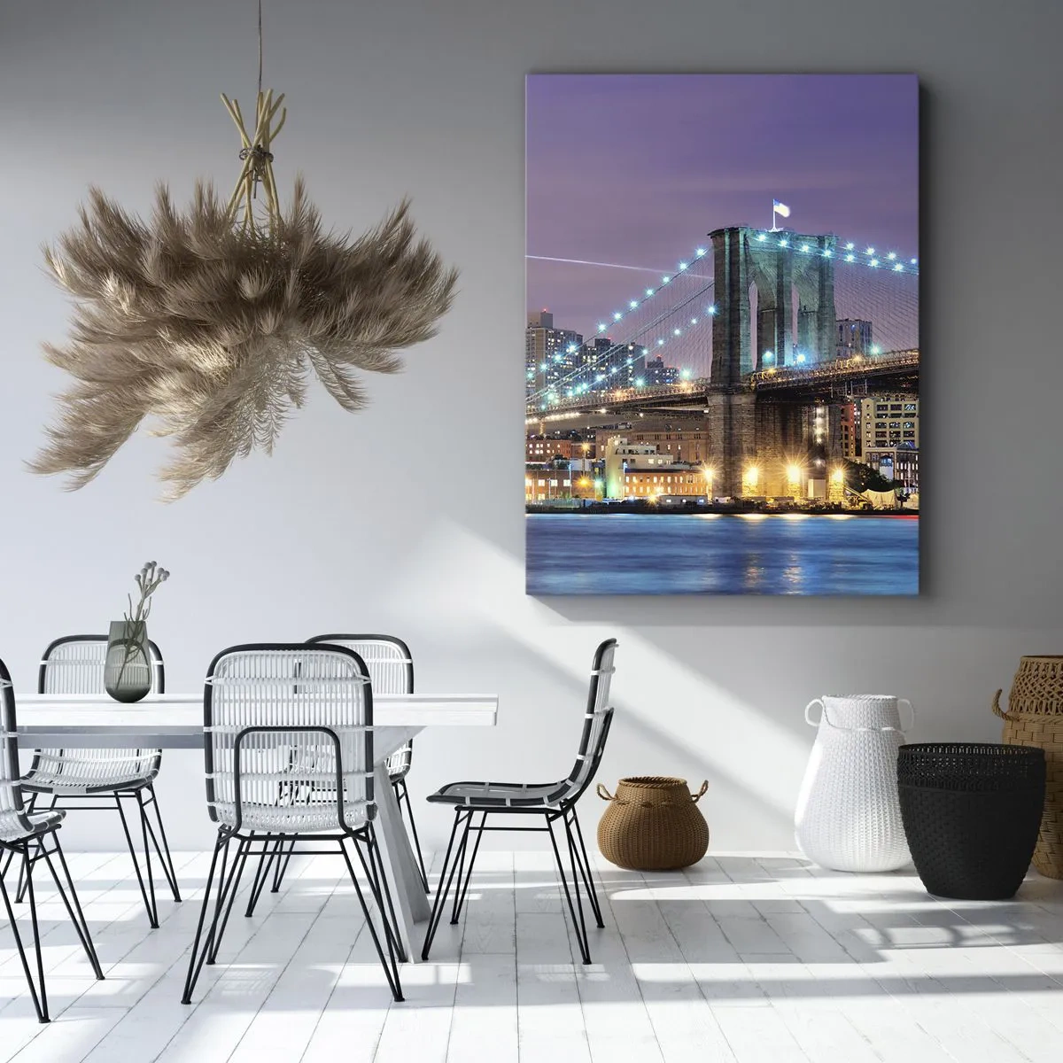 Quadro su tela - Stampe su Tela - Ponte di Brooklyn di notte con la città illuminata sullo sfondo - 80x120cm - Da tanti anni il ponte di Brooklyn - Decorazione murale moderna per soggiorno e camera da letto ARTTOR