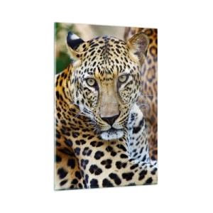 Quadro su vetro - Giaguaro che riposa in un ambiente naturale con sfondo verde. - 80x120cm - Selvaggio e tranquillo - Decorazione murale moderna per soggiorno e camera da letto ARTTOR