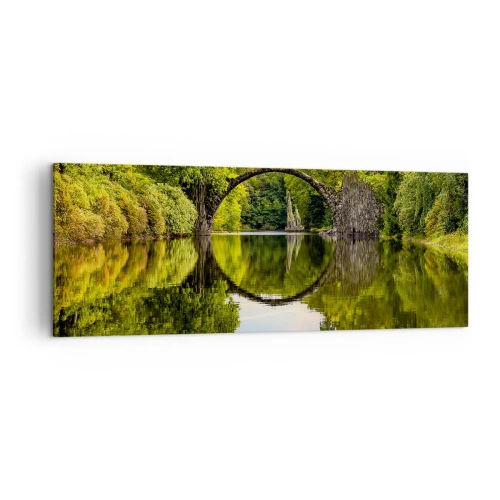 Quadro su tela - Stampe su Tela - Un ponte di pietra sopra un fiume con un riflesso perfetto nell'acqua - 140x50cm - All'incontro di due mondi - Decorazione murale moderna per soggiorno e camera da letto ARTTOR