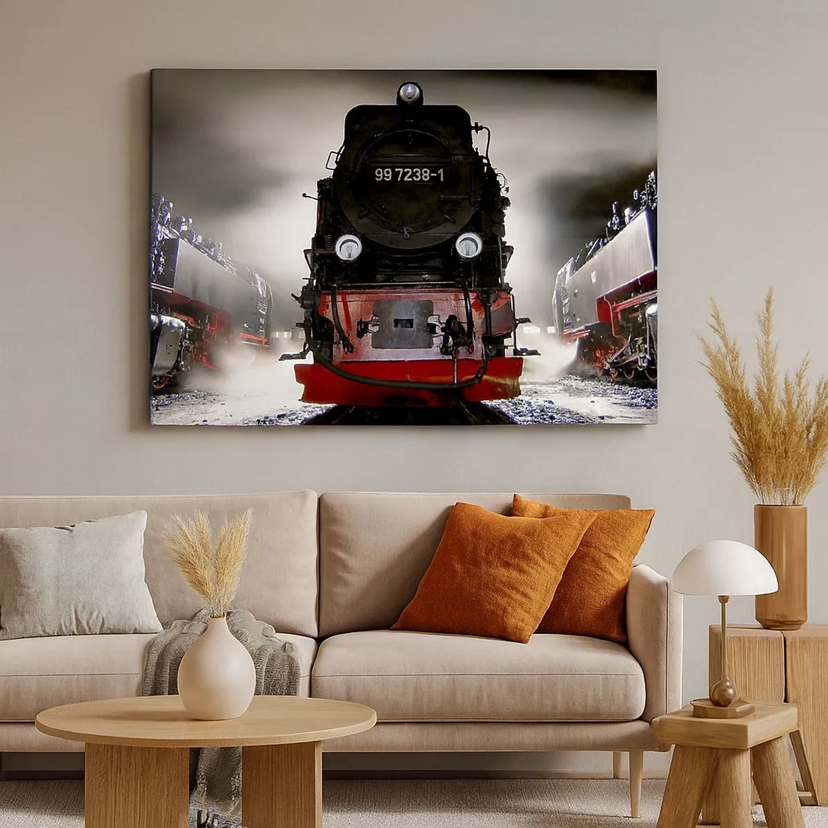 Quadro su tela - Stampe su Tela - Una locomotiva a vapore circondata dal vapore contro un cielo scuro in un ambiente suggestivo - 70x50cm - Ansima, sbuffa e soffia - Decorazione murale moderna per soggiorno e camera da letto ARTTOR