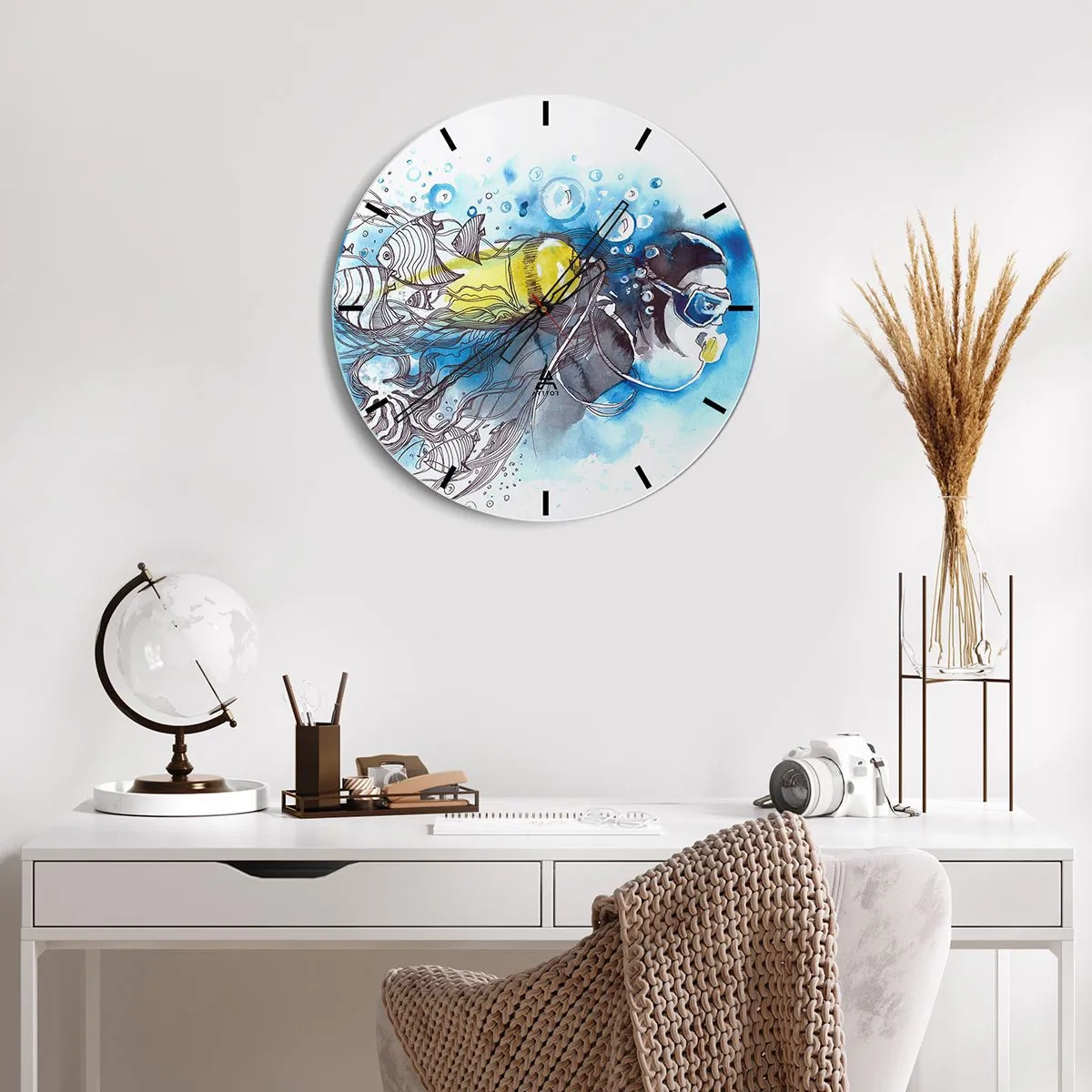 Orologio da parete - Orologio in Vetro - Un subacqueo con pesci colorati nel mondo sottomarino - 30x30cm - Il grande blu - Decorazione murale moderna per soggiorno, cucina e camera da letto ARTTOR