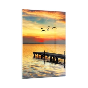 Quadro su vetro - Barca a vela e molo al tramonto su un lago calmo - 50x70cm - Il ritorno alla sera - Decorazione murale moderna per soggiorno e camera da letto ARTTOR