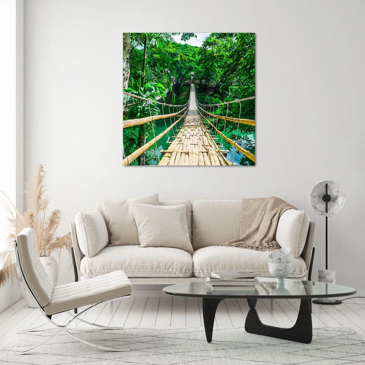 Quadro su vetro - Ponte sospeso sopra il verde - 50x50 cm