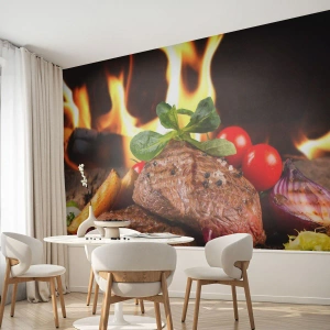 Fotomurali Premium Canvas - Bistecca alla griglia con contorni sullo sfondo delle fiamme - 100x70cm - Incantate dal fuoco - Decorazione murale moderna per soggiorno e camera da letto ARTTOR