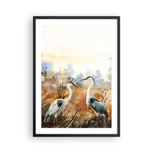 Poster in cornice nera - Gru sullo sfondo di un paesaggio autunnale in acquerello - 50x70cm - Dove in autunno? - Decorazione murale moderna per soggiorno e camera da letto ARTTOR