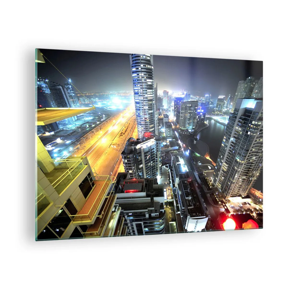 Quadro su vetro - Panorama della città notturna con grattacieli illuminati - 70x50cm - Miracolo nel deserto - Decorazione murale moderna per soggiorno e camera da letto ARTTOR