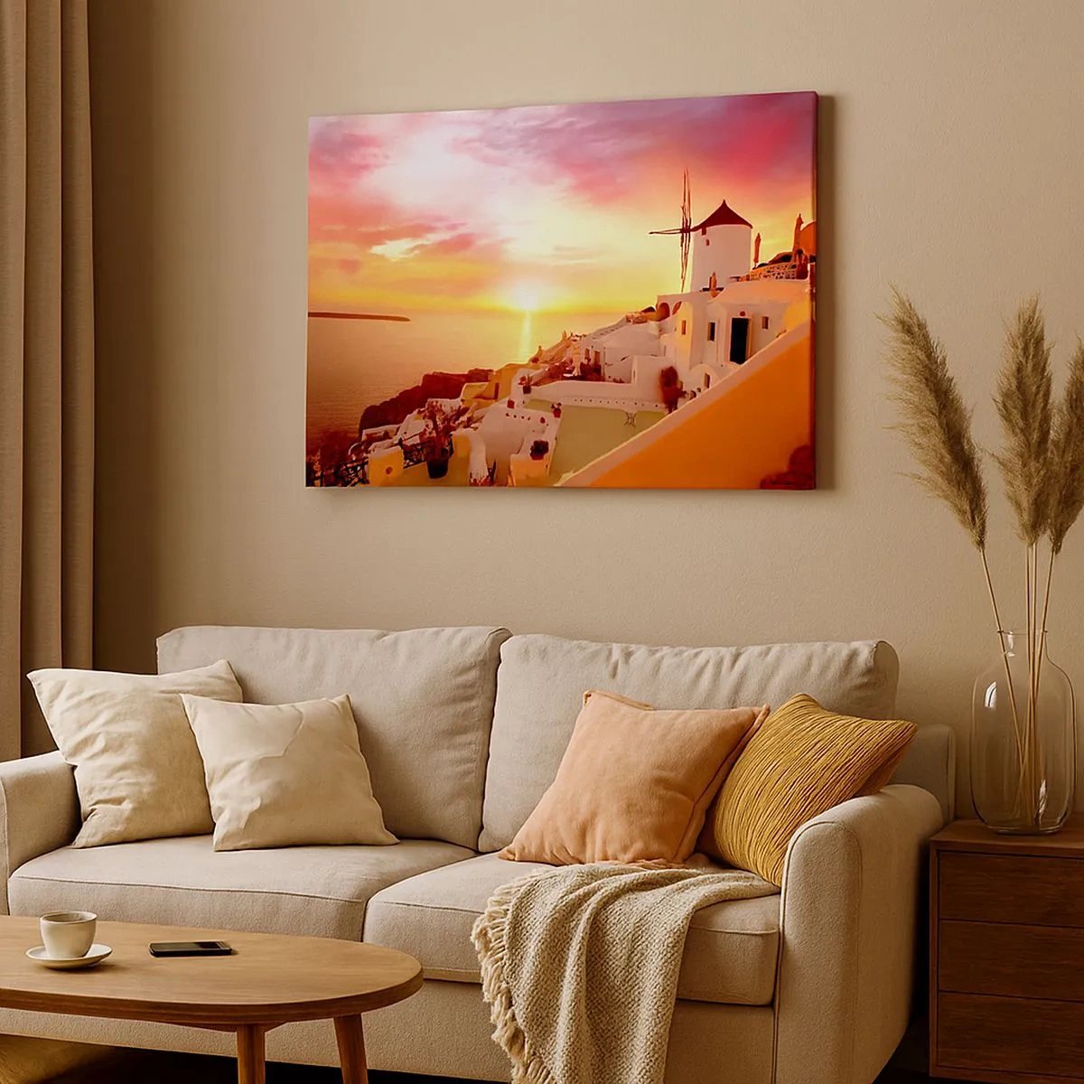Quadro su tela - Stampe su Tela - Santorini al tramonto con un mulino a vento - 70x50cm - Sciogliersi nel bianco e nell'oro - Decorazione murale moderna per soggiorno e camera da letto ARTTOR