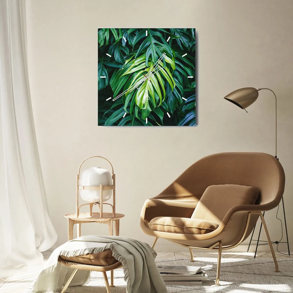 Orologio da parete - Orologio in Vetro - Foglie verdi in una fitta disposizione tropicale - 30x30cm - Immergersi nella freschezza - Decorazione murale moderna per soggiorno e camera da letto ARTTOR