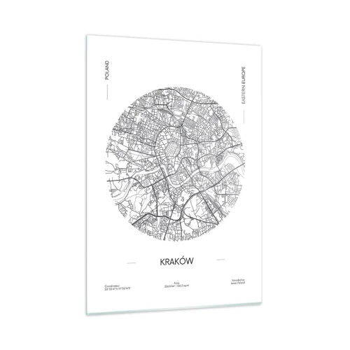 Quadro su vetro - Una mappa di Cracovia in stile illustrazione in bianco e nero - 50x70cm - Anatomia di Cracovia - Decorazione murale moderna per soggiorno e camera da letto ARTTOR