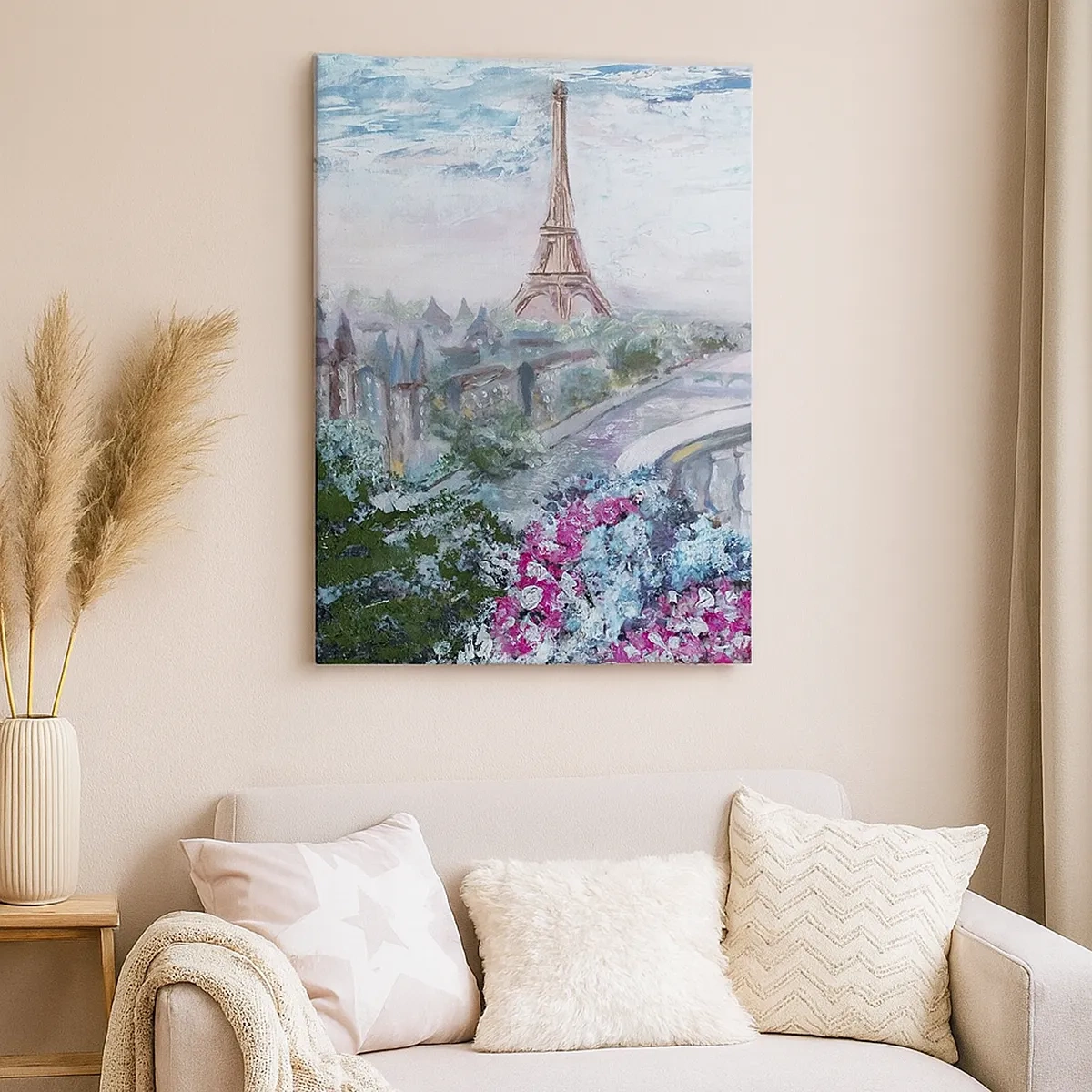 Quadro su tela - Stampe su Tela - Una vista romantica di Parigi con la Torre Eiffel e un balcone pieno di fiori - 50x70cm - Bellissimo qui a maggio - Decorazione murale moderna per soggiorno e camera da letto ARTTOR