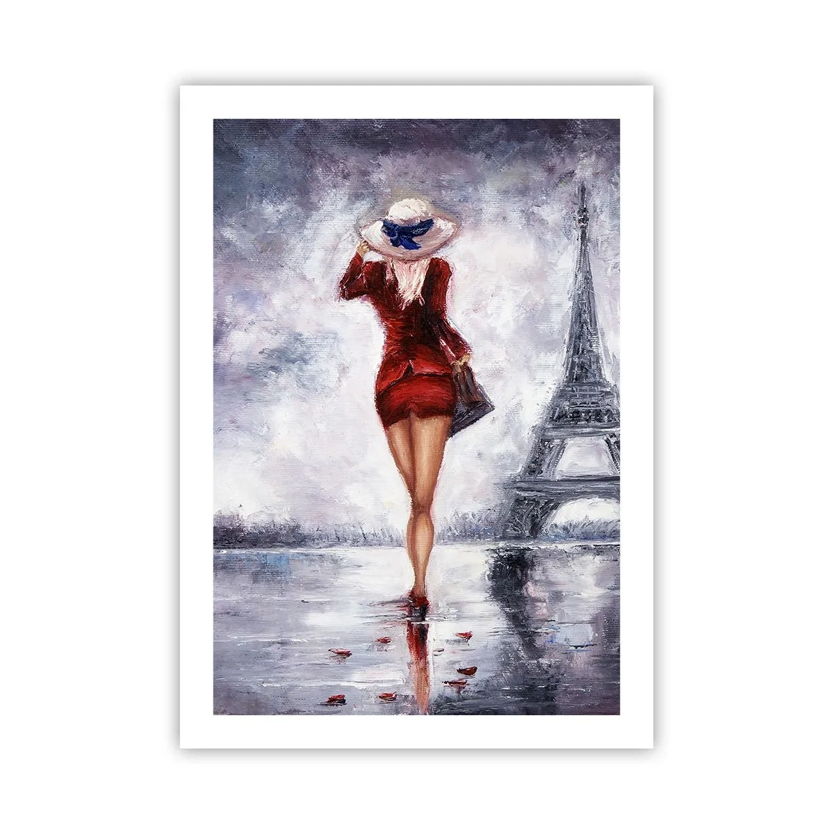 Poster - Una donna in abito rosso cammina verso la Torre Eiffel - 50x70cm - Simboli di Parigi - Decorazione murale moderna per soggiorno e camera da letto ARTTOR