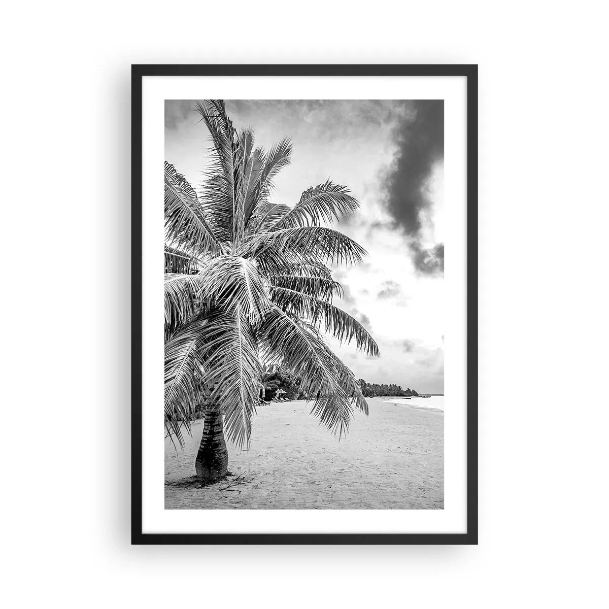 Poster in cornice nera - Una palma bianca e nera su una spiaggia deserta sotto un cielo nuvoloso. - 50x70cm - Quando hai nostalgia della solitudine... - Decorazione murale moderna per soggiorno e camera da letto ARTTOR