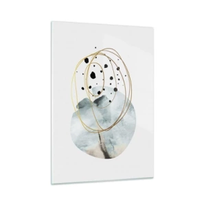 Quadro su vetro - Composizione astratta con una macchia blu e linee dorate - 50x70cm - Nell'abbraccio dello spazio - Decorazione murale moderna per soggiorno e camera da letto ARTTOR