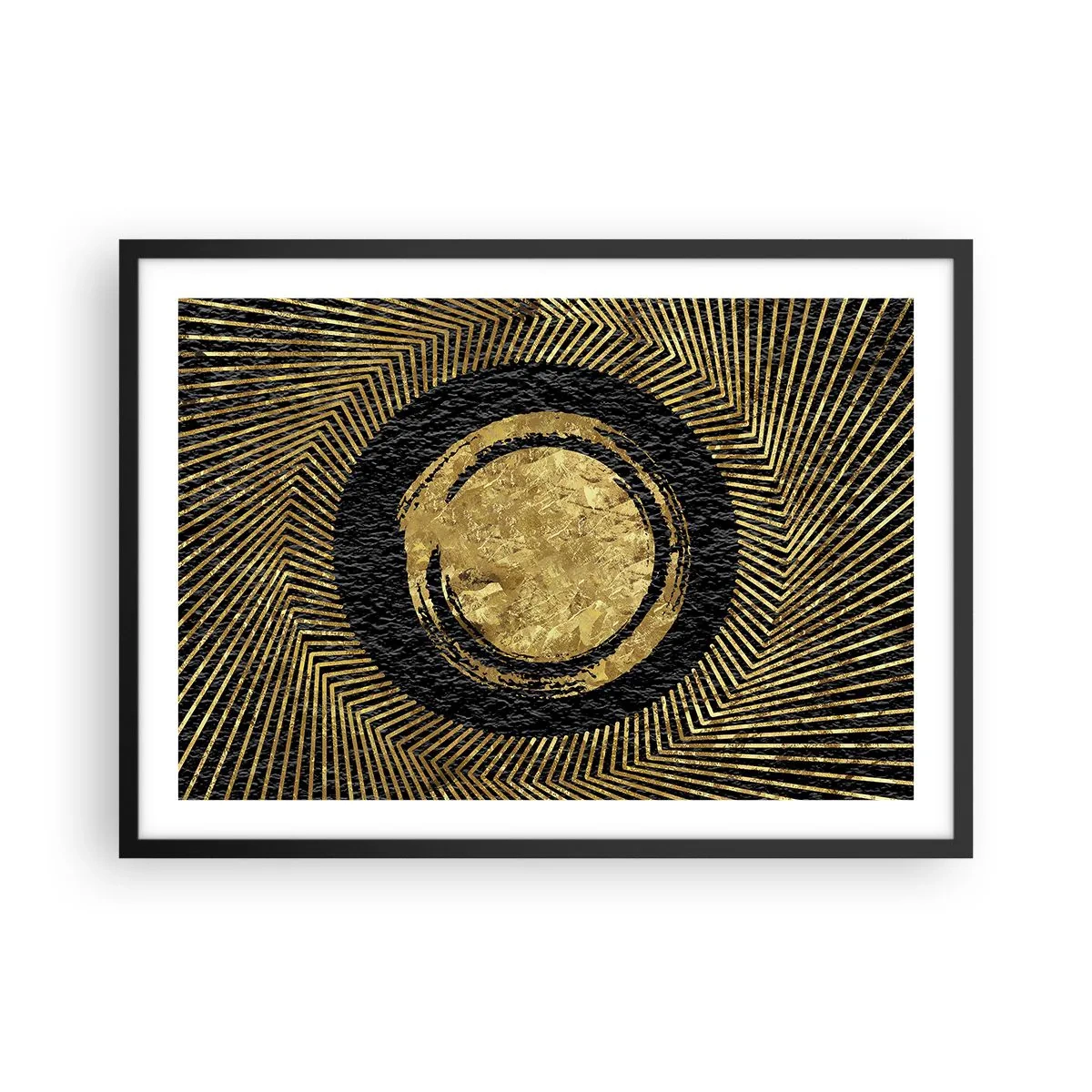 Poster in cornice nera - Composizione geometrica in nero e oro con raggi - 70x50cm - Composizione glamour - Decorazione murale moderna per soggiorno e camera da letto ARTTOR