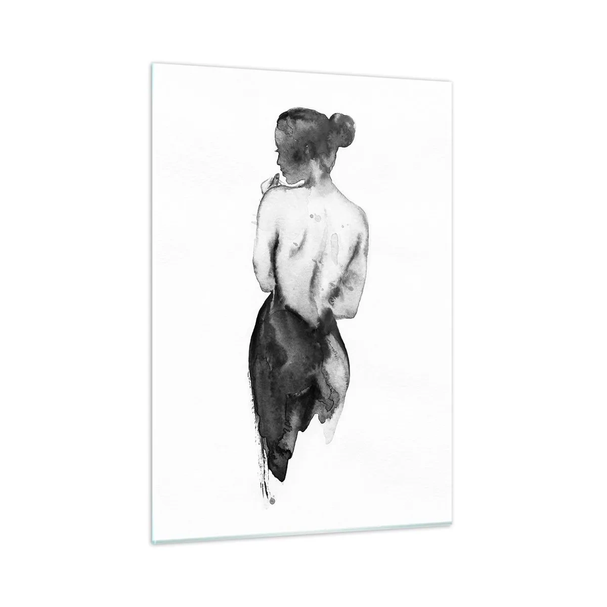 Quadro su vetro - Silhouette in bianco e nero di una donna in stile acquerello - 50x70cm - Accanto a lei il mondo scompare - Decorazione murale moderna per soggiorno e camera da letto ARTTOR