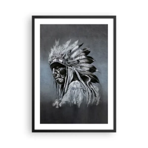 Poster in cornice nera - Ritratto di un capo indiano con un copricapo di piume su uno sfondo grigio - 50x70cm - Ritorno alle radici - Decorazione murale moderna per soggiorno e camera da letto ARTTOR