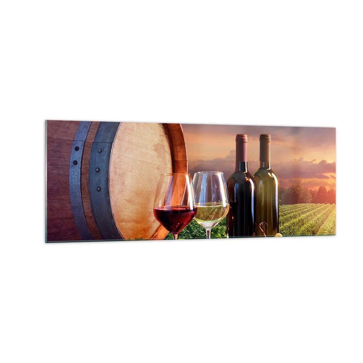 Quadro su vetro - Vino, bicchieri e una botte in un paesaggio pittoresco - 140x50cm - Qui la vita ha gusto - Decorazione murale moderna per soggiorno e camera da letto ARTTOR