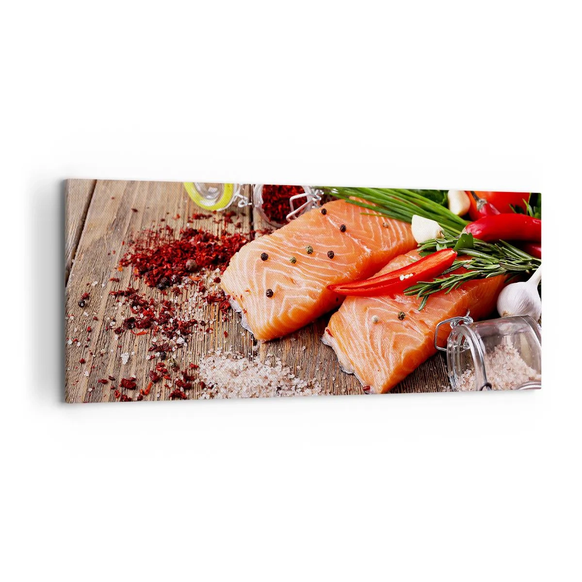 Quadro su tela - Stampe su Tela - Filetti di salmone con spezie su fondo di legno - 120x50cm - Avventura norvegese in cucina - Decorazione murale moderna per soggiorno e camera da letto ARTTOR