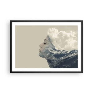 Poster in cornice nera - Silhouette di una donna con un paesaggio montano sullo sfondo - 70x50cm - La bellezza degli elementi - Decorazione murale moderna per soggiorno e camera da letto ARTTOR