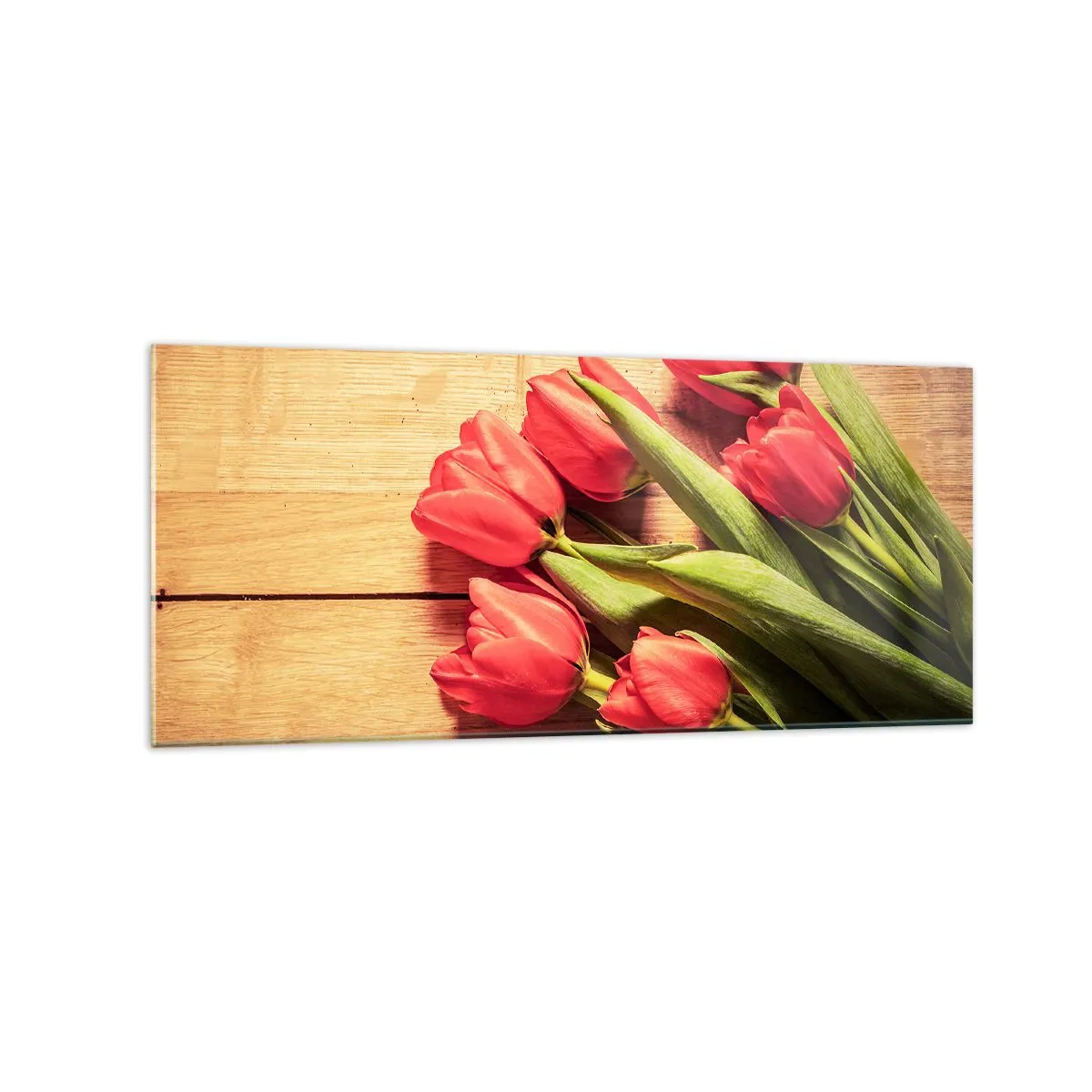 Quadro su vetro - Un mazzo di tulipani rosa su uno sfondo di legno - 120x50cm - Confessione primaverile - Decorazione murale moderna per soggiorno e camera da letto ARTTOR