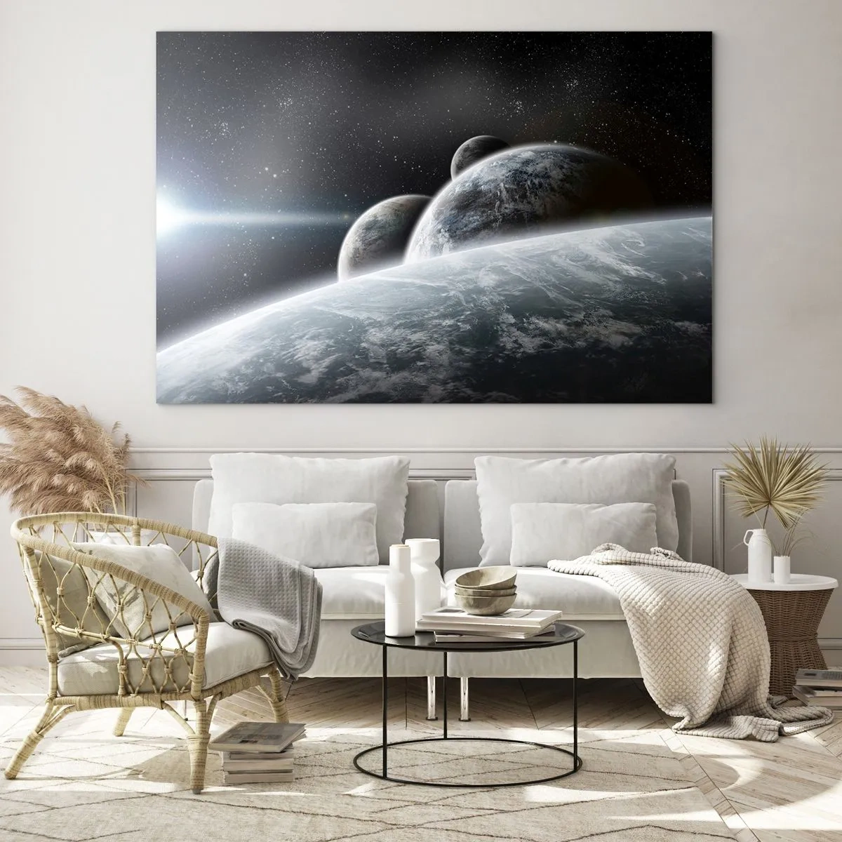 Quadro su vetro - Pianeti nello spazio con un raggio di luce - 70x50cm - La musica delle sfere celesti - Decorazione murale moderna per soggiorno e camera da letto ARTTOR