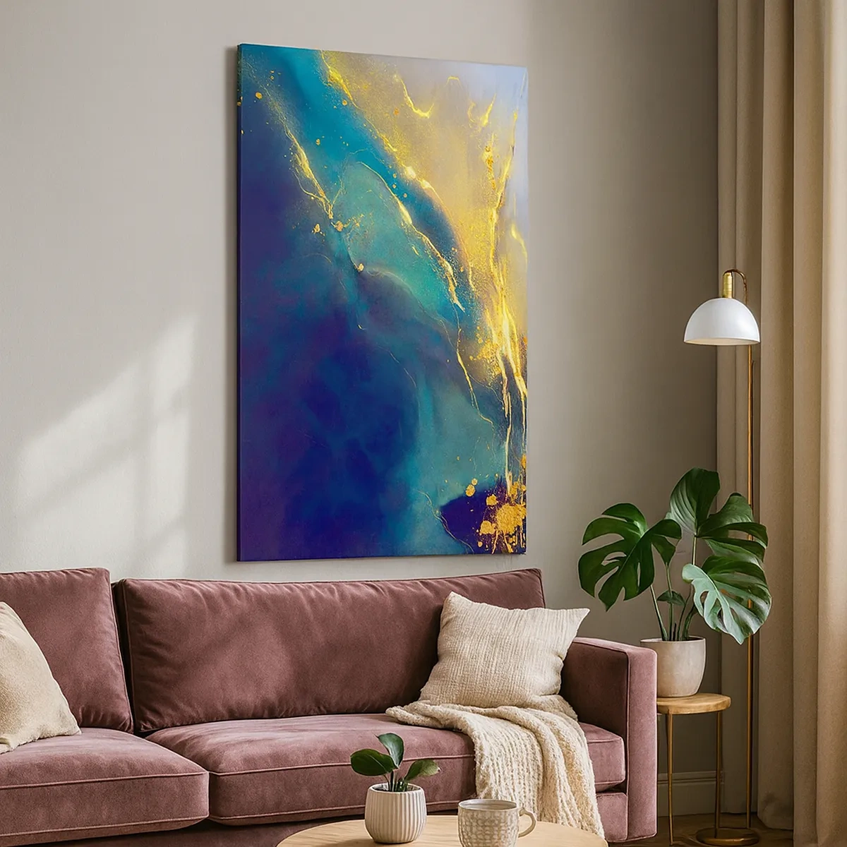 Quadro su tela - Stampe su Tela - Composizione astratta nei toni del blu e dell'oro su tela - 50x70cm - La palude dorata - Decorazione murale moderna per soggiorno e camera da letto ARTTOR