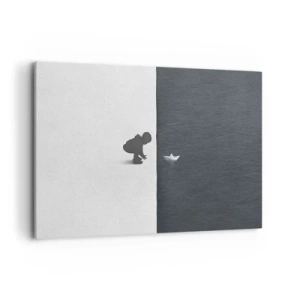 Quadro su tela - Stampe su Tela - La figura di un bambino con una barchetta di carta su uno sfondo di metà contrastanti - 100x70cm - La grande spedizione - Decorazione murale moderna per soggiorno e camera da letto ARTTOR