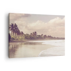 Quadro su tela - Stampe su Tela - Una spiaggia con palme e onde dolci al mattino - 70x50cm - La carezza delle onde - Decorazione murale moderna per soggiorno e camera da letto ARTTOR