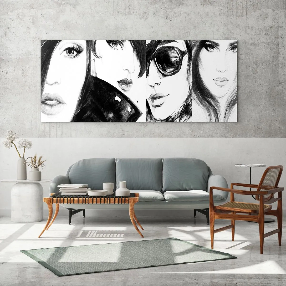 Quadro su vetro - Ritratti eleganti di donne in toni monocromatici - 160x50cm - Bellezza moltiplicata - Decorazione murale moderna per soggiorno e camera da letto ARTTOR