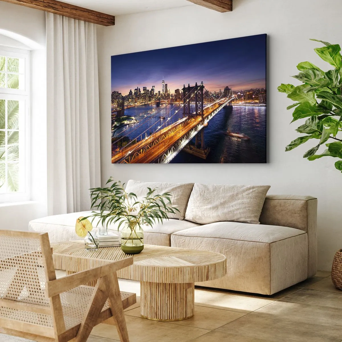 Quadro su tela - Stampe su Tela - Il ponte e il panorama della città al tramonto - 120x80cm - Il ponte luminoso fino al cuore della città - Decorazione murale moderna per soggiorno e camera da letto ARTTOR