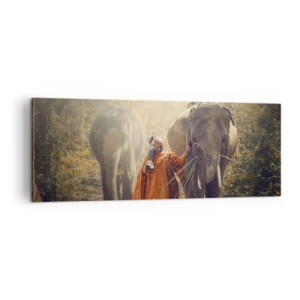 Quadro su tela - Stampe su Tela - Un monaco con una tunica arancione guida un elefante nella foresta. - 140x50cm - Comprensione perfetta - Decorazione murale moderna per soggiorno e camera da letto ARTTOR