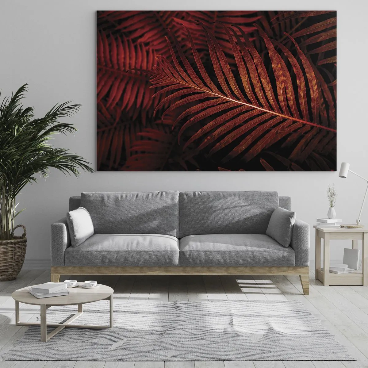 Quadro su vetro - Foglie rosse di una pianta tropicale su uno sfondo scuro - 100x70cm - Il calore della vita - Decorazione murale moderna per soggiorno e camera da letto ARTTOR