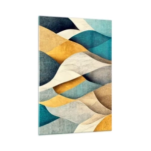 Quadro su vetro - Onde astratte nei toni del blu e dell'oro - 70x100cm - Ritmo e ondulazioni - Decorazione murale moderna per soggiorno e camera da letto ARTTOR