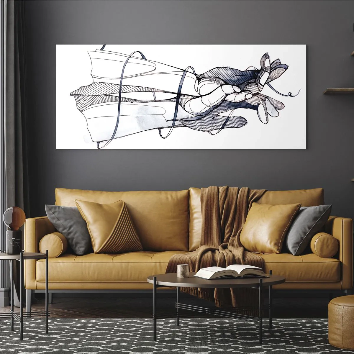 Quadro su vetro - Un disegno sottile di una mano con un fiore delicato - 140x50cm - Studio del tocco - Decorazione murale moderna per soggiorno e camera da letto ARTTOR